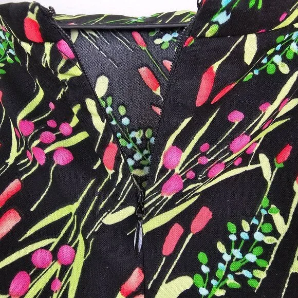 American Vintage Floral Garden Midi Skirt Sz 12 Black Pink Trim Casual Work Boho - Picture 10 of 10